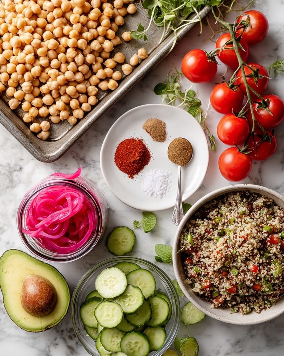 The image shows fresh ingredients arranged on a white marbled surface. A tray filled with beige chickpeas takes up the top left part of the image, with a small white plate on it containing three spices in powder form: brown cumin, red paprika, and white salt. Below the tray, there is a halved avocado with its seed visible, and a bunch of red cherry tomatoes still attached to their green stems. In the middle right, a white bowl holds cooked quinoa, showing a mix of white, brown, and red grains. At the bottom center, a clear glass bowl is full of slices of green cucumber. To the left, there is a small glass jar with bright pink pickled onions and a silver spoon inside. Fresh green herbs are placed scattered around the bowls, adding more color to the scene. Photo taken with an iphone --ar 4:5 --v 7