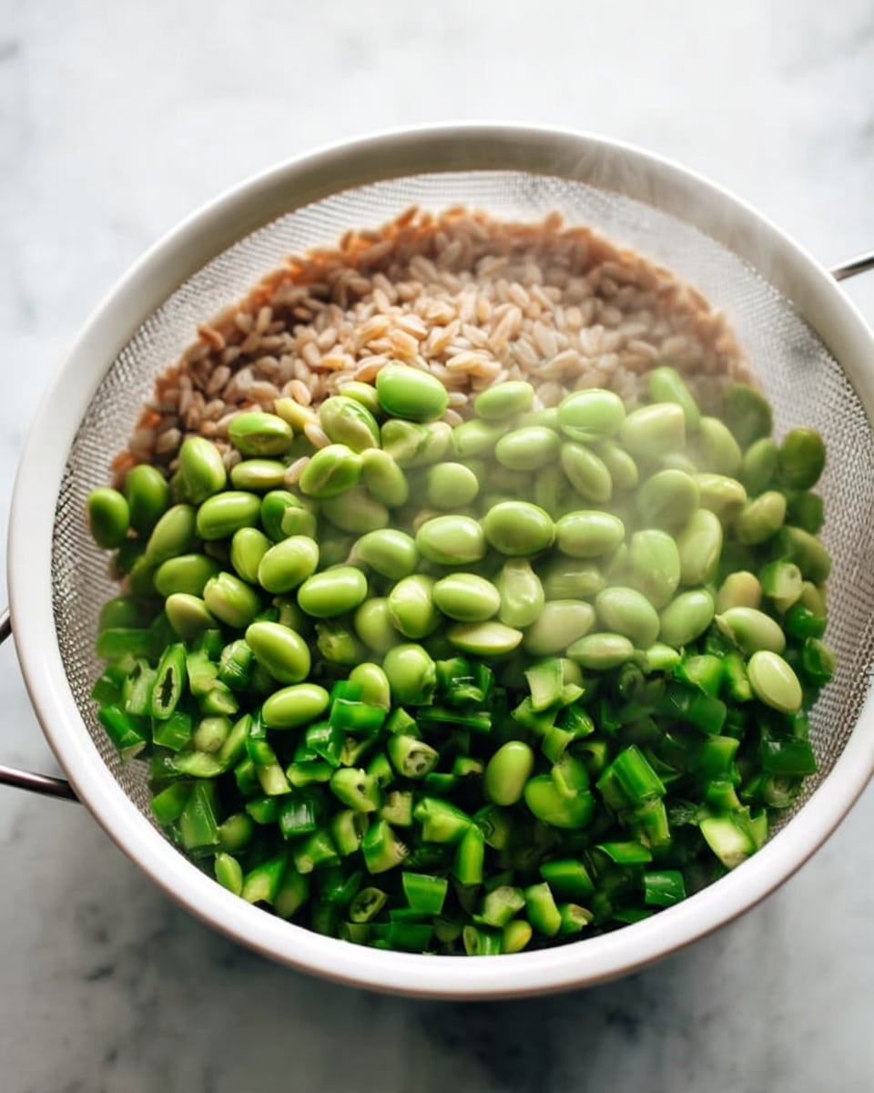 The image shows a white colander filled with three layers of food items. The bottom layer consists of light brown grains. The middle and top layers are full of bright green edamame beans and chopped green beans with smooth textures, mixed evenly. Light steam rises gently from the colander, and it is placed on a white marbled surface. The photo was taken with an iphone --ar 4:5 --v 7
