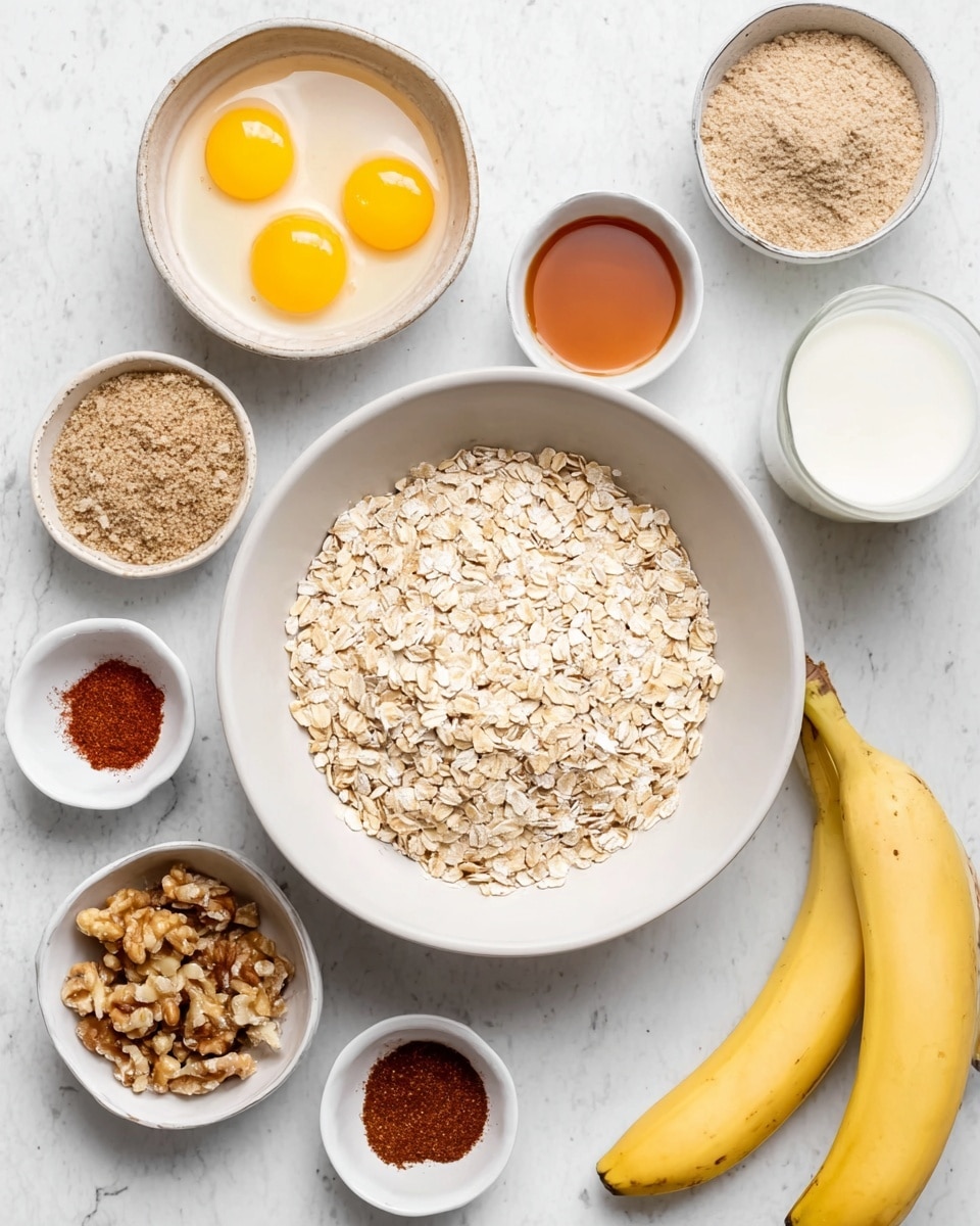 A top-down view shows a white bowl filled with a thick layer of light beige rolled oats placed in the center on a white marbled surface. Surrounding it are small bowls with different ingredients: two raw eggs with bright yellow yolks in a white bowl at the top left, a light brown powder in a white bowl at the upper right, and a clear amber liquid in a white cup to the right. Other small white bowls hold clumps of chopped walnuts, a reddish-brown powder, a bit of salt, and a dark brown liquid, each positioned neatly around the main bowl. At the bottom right edge, two slightly speckled yellow bananas rest beside a bottle of white milk. The entire setup is clean and organized, bright and well lit. photo taken with an iphone --ar 4:5 --v 7