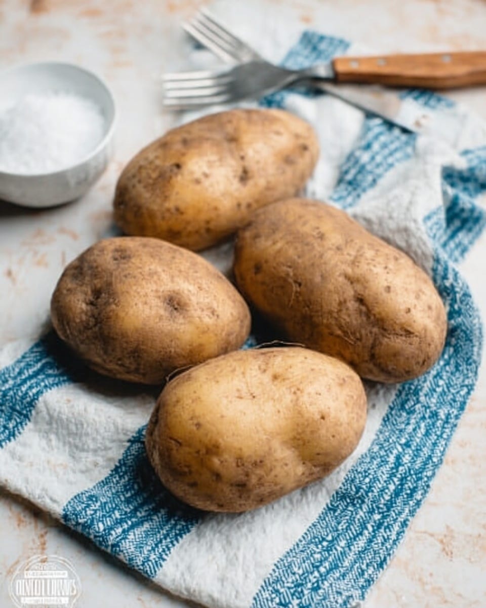 The image shows four raw potatoes with brown skin lying on a white and blue patterned cloth, placed on a white marbled surface. The potatoes are irregularly shaped with some dirt marks on the skin, and they are arranged close to each other in a small cluster. In the background, there is a white bowl filled with white salt and a fork resting on the surface beside the cloth. The overall colors are natural browns and whites, with the cloth adding a soft touch of blue. Photo taken with an iphone --ar 4:5 --v 7