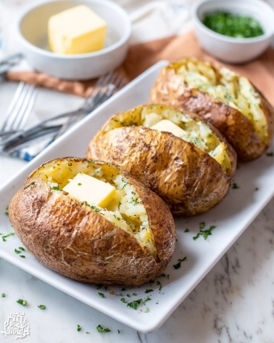 The image shows three baked potatoes on a white rectangular plate set on a white marbled surface. Each potato has a crispy brown skin with the top cut open to reveal a fluffy, yellowish inside mixed with green herbs. A square piece of butter is melting on the middle potato, and small bits of chopped parsley sprinkled over the potatoes and plate add green color. A woman's hand holding a fork appears near the plate, and a small white bowl with a light green sauce and a white dish with a butter cube are in the background, slightly out of focus. Photo taken with an iphone --ar 4:5 --v 7