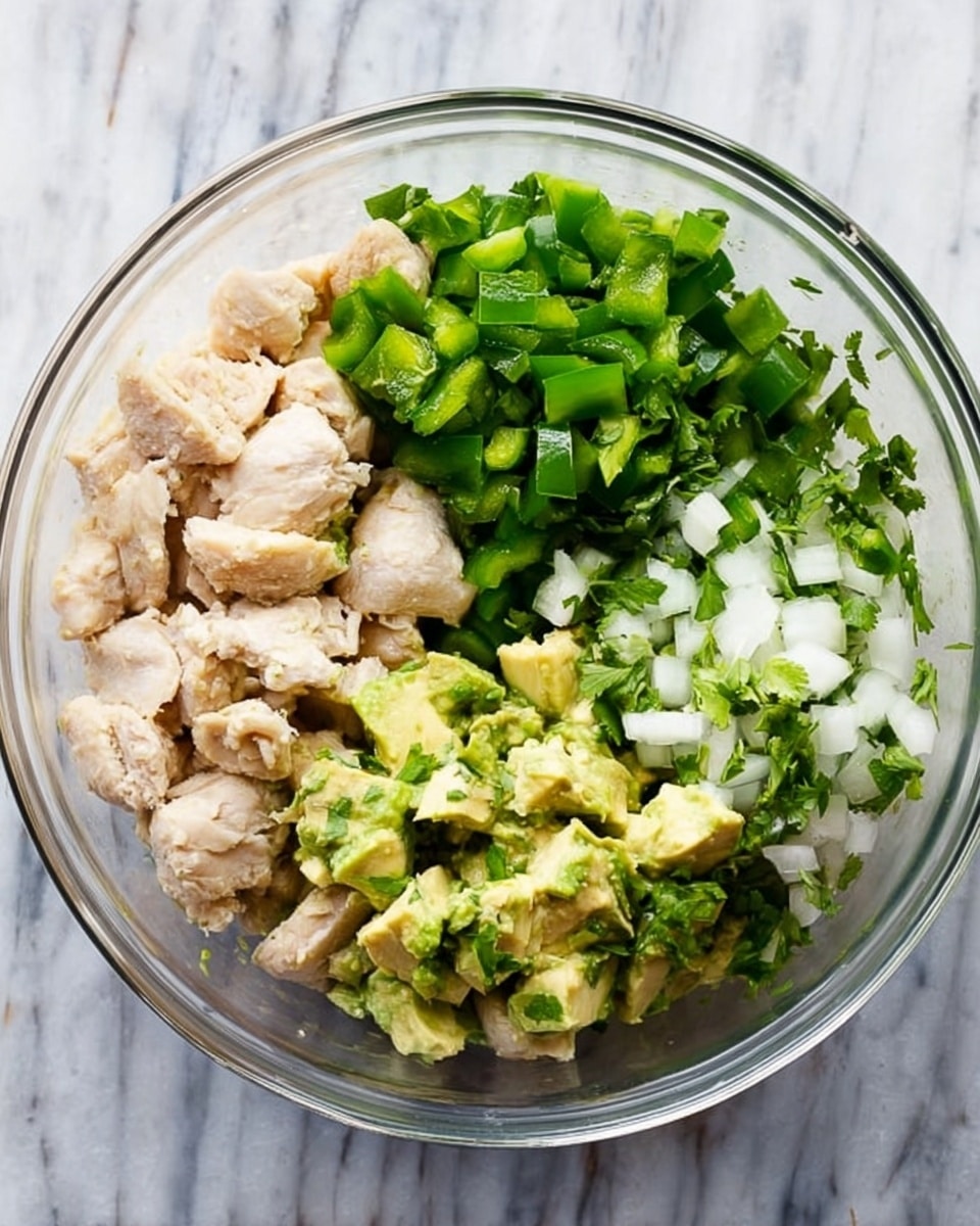 A clear glass bowl placed on a white marbled surface contains four main layers of ingredients. On the left side inside the bowl, there are light beige cooked chicken pieces with a slightly rough texture. The right side is filled with two layers: bright green chopped avocado with a creamy texture forming the bottom right section, topped with finely chopped white onions and fresh green cilantro leaves scattered evenly on the right half of the bowl. Above the chicken pieces and next to the avocado there are chopped dark green bell peppers. The colors are fresh and vibrant, showing a mix of light beige, bright green, and white textures. Photo taken with an iphone --ar 4:5 --v 7