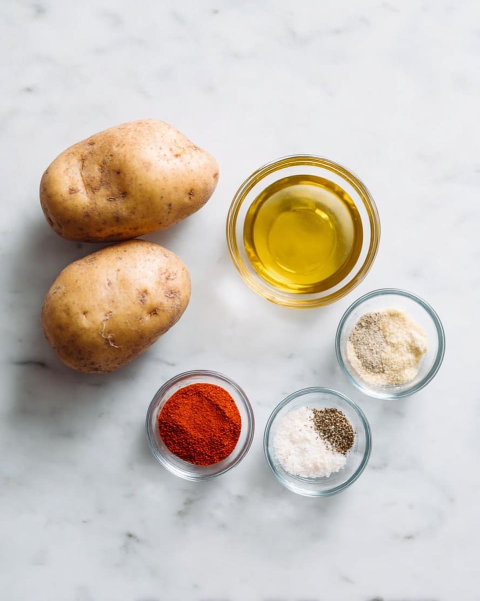 The image shows two whole potatoes with light brown skin placed on a white marbled surface. Below the potatoes, there is a small clear glass bowl filled with golden olive oil. To the right of the olive oil, three small clear glass bowls are arranged in a triangle, each containing a different powdery spice: bright red paprika, fine white garlic powder, and a mix of salt and black pepper. The scene is simple and clean, with the ingredients spaced evenly on the white marbled surface. photo taken with an iphone --ar 4:5 --v 7