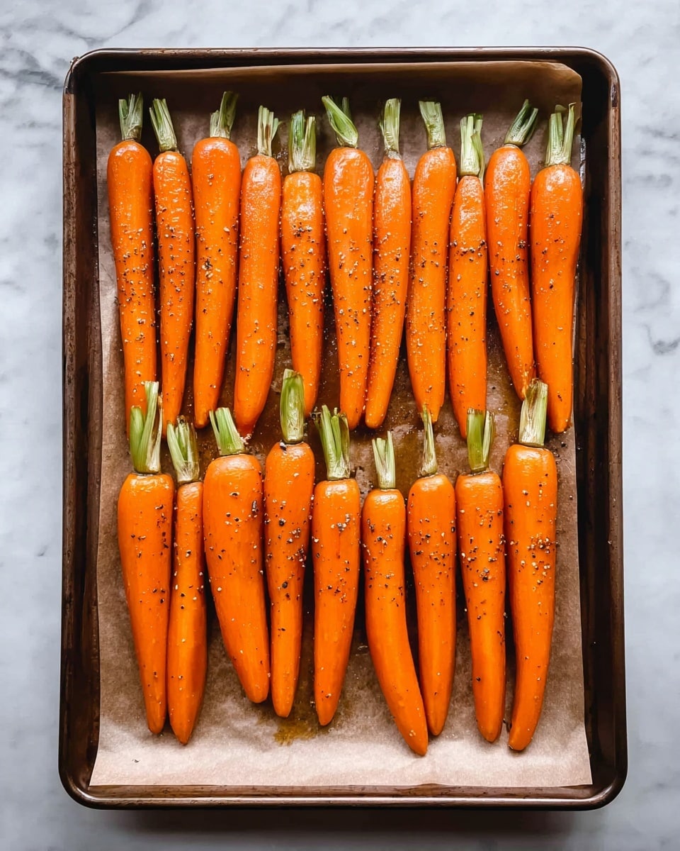 A baking tray filled with two layers of bright orange carrots arranged neatly in rows; each carrot has a shiny texture with a light sprinkle of black pepper and oil glistening over them, with green tops trimmed but still attached to the carrots; the tray is lined with brown parchment paper, and the background is a white marbled surface. photo taken with an iphone --ar 4:5 --v 7