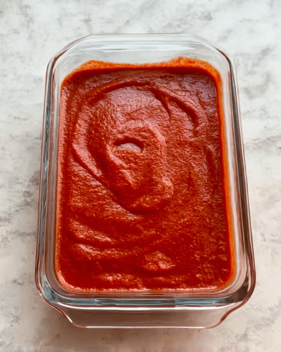 A clear glass rectangular dish filled with a single smooth layer of bright red tomato sauce that has a slightly glossy texture, spread evenly across the dish with visible swirls from spreading. The dish is placed on a white marbled surface. photo taken with an iphone --ar 4:5 --v 7