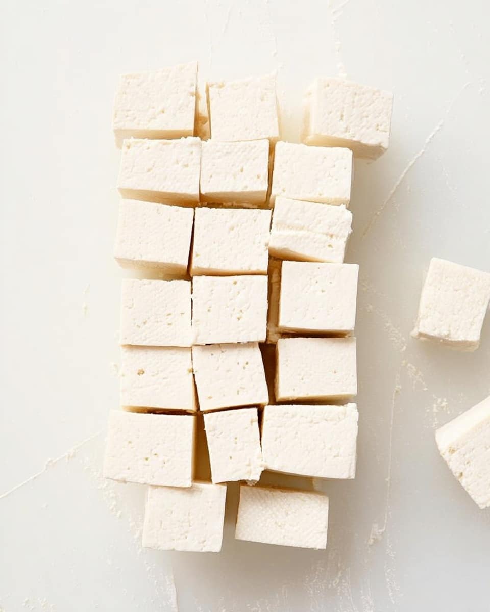 A top view of a white block of tofu sliced into small cubes, arranged in a rough rectangle on a white marbled surface. The tofu pieces have a soft texture and are evenly cut, stacked closely together with some slight gaps. To the upper right side of the image, there is a small separated cube of tofu. The colors are mostly white and cream, highlighting the tofu's freshness and softness. Photo taken with an iphone --ar 4:5 --v 7