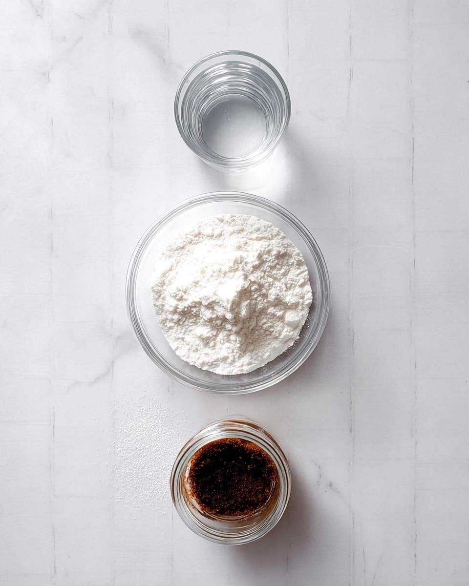 The image shows three clear glass containers placed vertically on a white marbled surface. At the top, there is a small glass filled with clear water. Below it, a medium-sized glass bowl holds a pile of white powder that looks soft and fine, with some powder scattered lightly around it. At the bottom, there is a small clear jar filled with a dark brown, grainy substance that has a slightly rough texture. The overall setup is clean and simple, showing basic ingredients in glass containers against a bright, white marbled background. photo taken with an iphone --ar 4:5 --v 7
