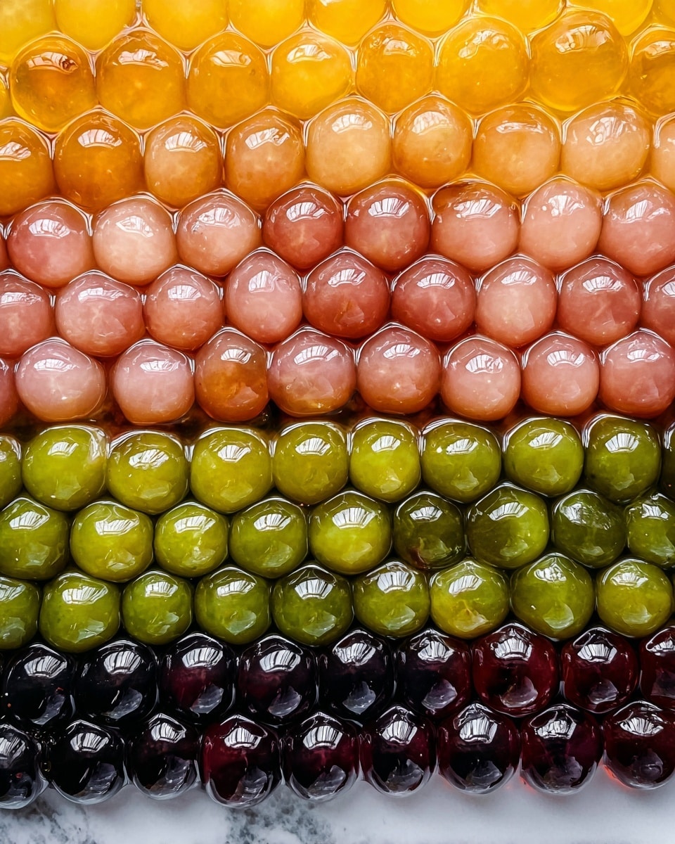 The image shows five close layers of small round balls in syrup, each layer a different color. Starting from the bottom, there is a layer of dark shiny black balls, followed by a layer of green balls that look slightly translucent. Above this is a layer of bright yellow balls, then a layer of soft pink balls, and on top are light brown balls. Each layer is glossy with syrup reflecting light, and the balls are smooth and closely packed together on a white marbled background. Photo taken with an iphone --ar 4:5 --v 7