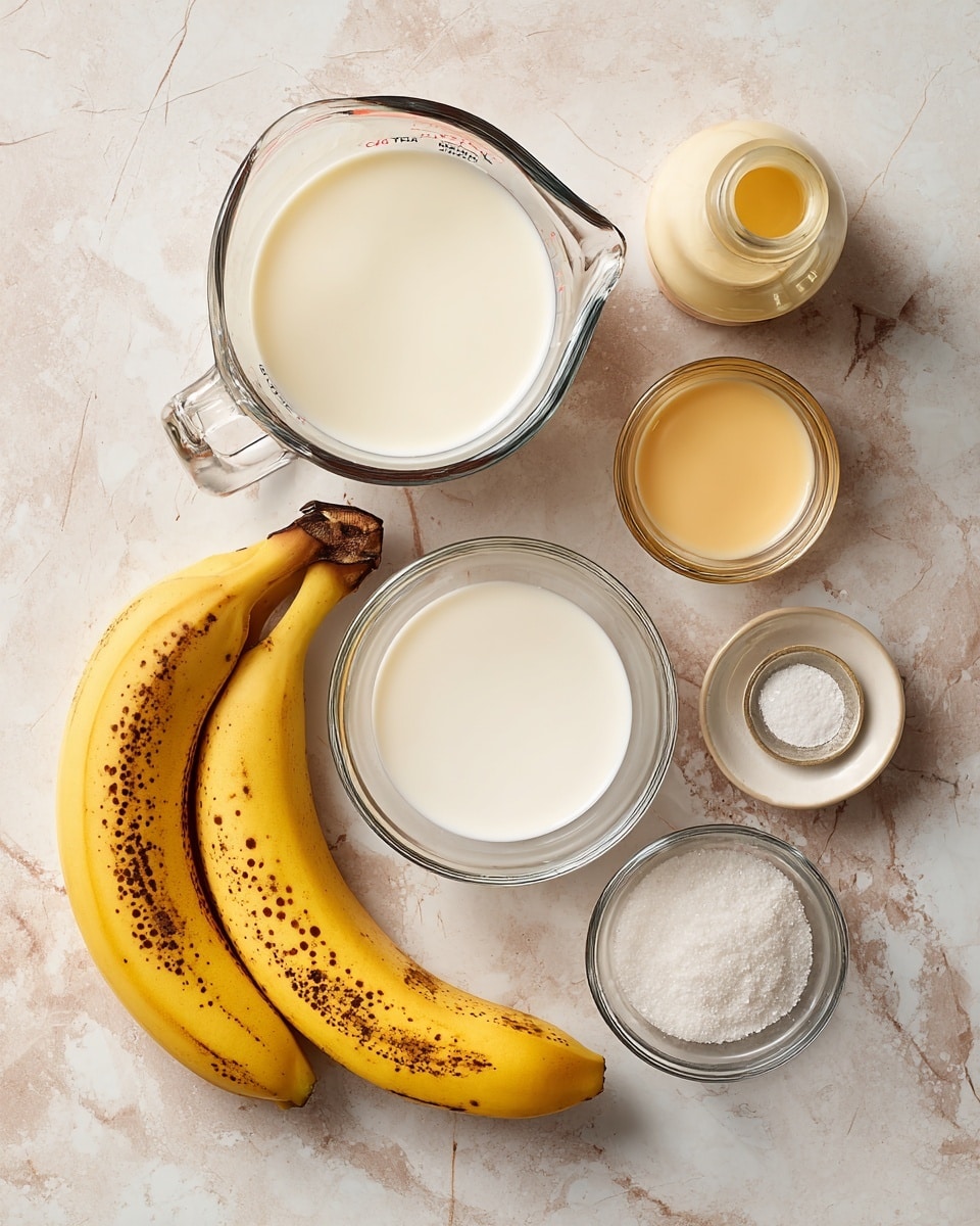 Top-down professional food photography flat lay style, bright white marble countertop, neatly arranged evenly spaced tidy clean organized layout, include: bowl with ripe banana with brown spots, glass measuring cup of cold milk, small glass cup of sweetened condensed milk, small bottle of vanilla flavoring, small bowl of salt, bright soft natural lighting, sharp focus, high detail textures, realistic reflections, professional DSLR look, 4K, no finished dish, no cooked food, no hands, no text, no watermark, no brand logos --ar 4:5 --v 7