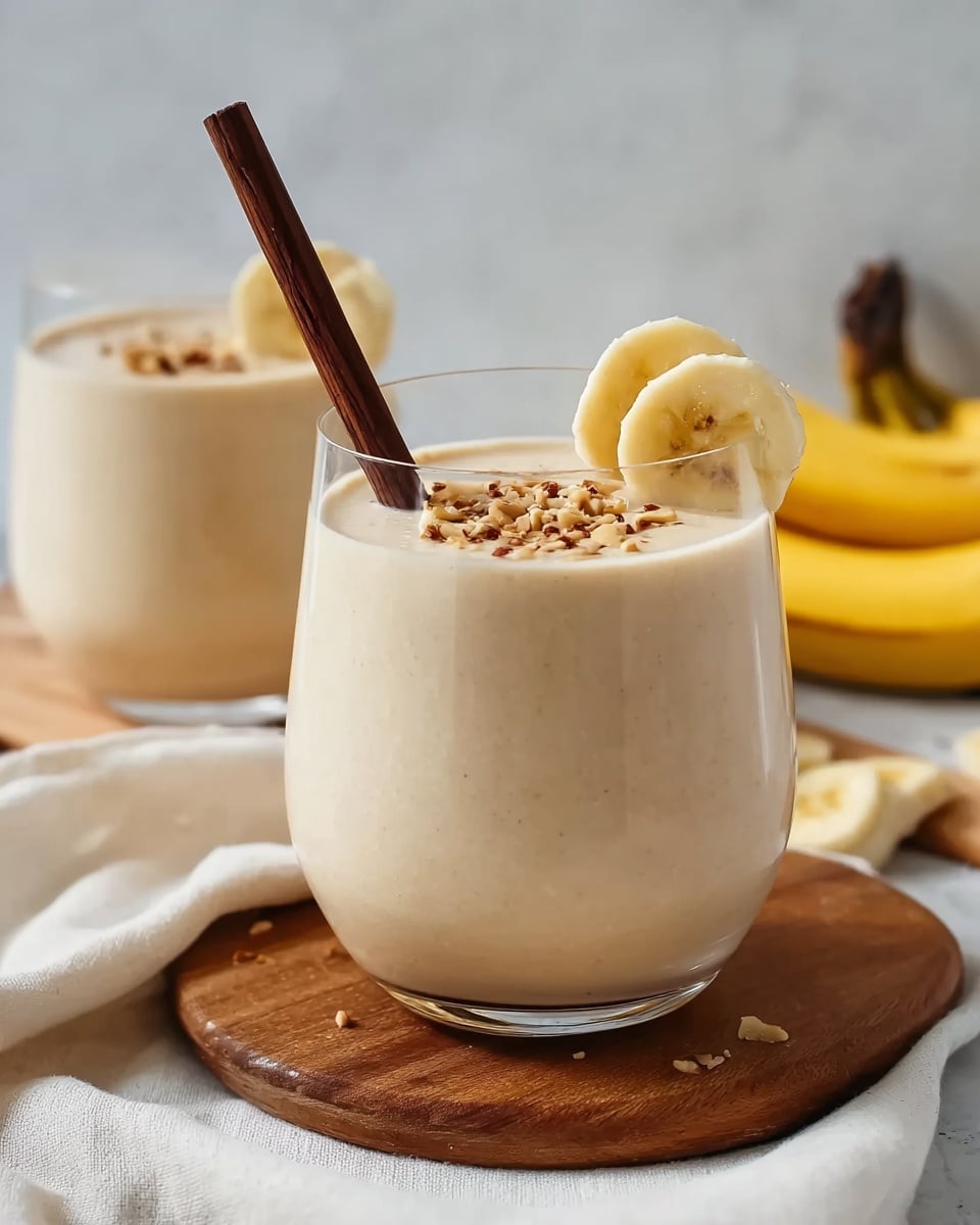 A clear glass is filled with a smooth, creamy light beige banana smoothie. It is topped with small chopped nuts scattered evenly on the surface. A dark brown wooden straw stands inside the glass, leaning slightly to one side. Two thick, fresh banana slices rest on the rim of the glass, one in front and one behind. The glass sits on a round wooden board that is placed on a white cloth with soft folds. In the background, another identical glass with the smoothie and banana slices is partly visible, along with two ripe yellow bananas resting on a white marbled surface. photo taken with an iphone --ar 4:5 --v 7