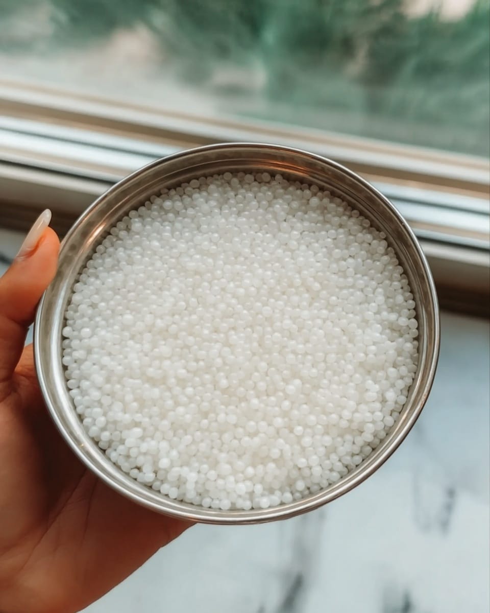A close-up image shows a round silver bowl filled completely with small, white translucent tapioca pearls. The pearls have a smooth, slightly shiny surface and are packed tightly together in one even layer. A woman's hand with light skin and long nails is holding the edge of the bowl at the bottom left corner. The background is softly blurred but shows a window with light coming through, and the surface beneath the bowl is a white marbled texture. photo taken with an iphone --ar 4:5 --v 7