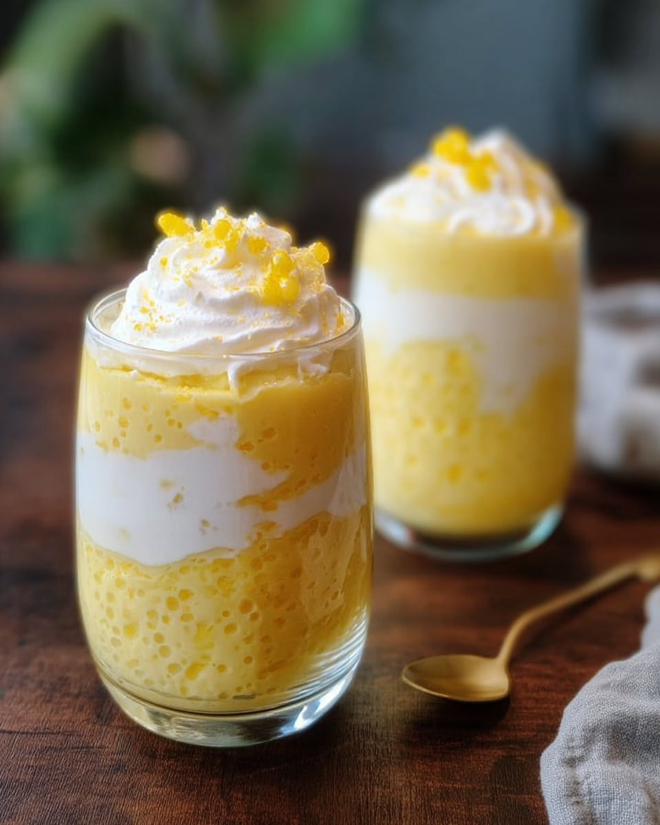 Two clear glasses hold a creamy dessert with three visible layers. The bottom layer is a yellow, textured pudding that looks smooth but slightly grainy. Above it is a thick white layer of cream or yogurt that swirls into the yellow pudding, creating a soft mix of colors. The top layer is another thick yellow pudding with delicate small bits or pearls throughout, crowned with a small dollop of white cream and tiny yellow pieces as decoration. The glasses are on a dark wooden table with a blurred background, and the photo has a soft focus. photo taken with an iphone --ar 4:5 --v 7