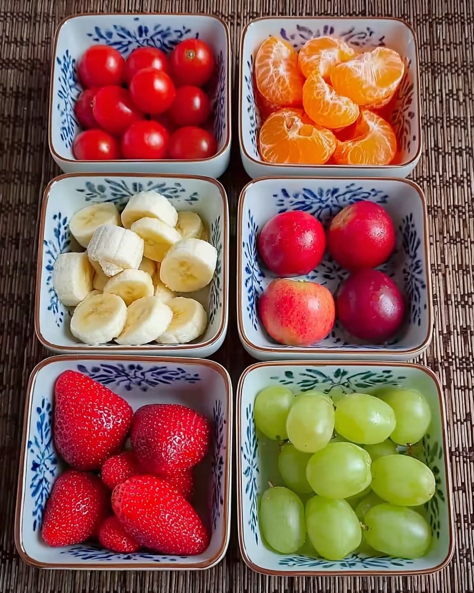 Six small white square bowls with blue floral patterns are arranged in two rows of three on a woven mat. Each bowl contains different fruits: the top left bowl is filled with small bright red cherry tomatoes, the top middle bowl holds peeled orange segments, the top right bowl contains deep red small apples, the bottom left bowl is full of fresh red strawberries, the bottom middle bowl has sliced yellow bananas, and the bottom right bowl is packed with shiny light green grapes. The image is bright and colorful with a natural look, photo taken with an iphone --ar 4:5 --v 7