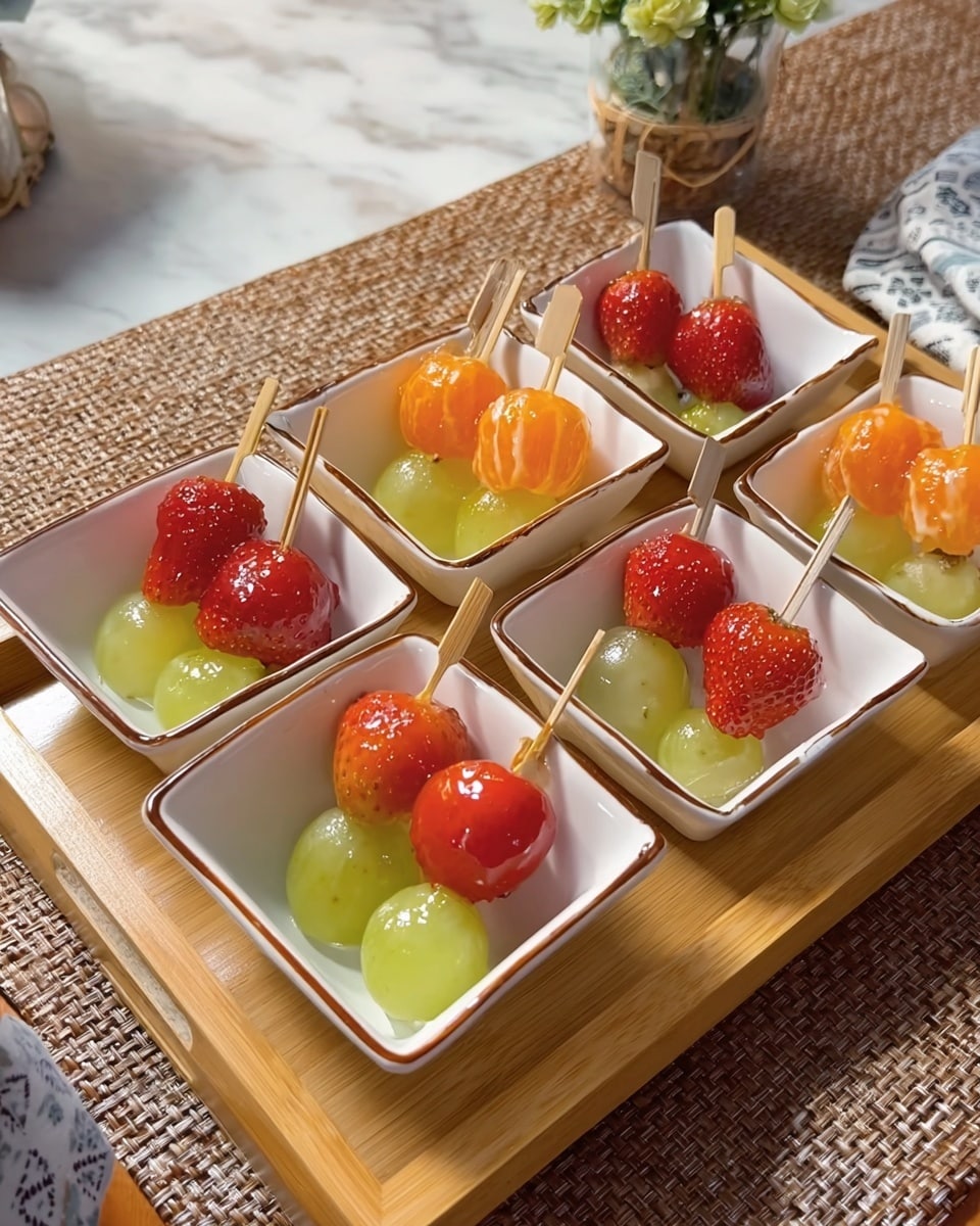 The image shows six small white square bowls with thin brown rims arranged on a woven mat. Each bowl contains a skewer with layers of colorful fruits covered in a shiny, clear glaze. The fruits on the skewers include bright red strawberries, orange tangerine segments, green grapes, and small red cherry tomatoes, arranged in different combinations in each bowl. The glaze makes the fruits look glossy and fresh. The bowls are placed on a light wooden tray over the woven mat, which rests on a white marbled surface with a patterned cloth and a small plant in the background. photo taken with an iphone --ar 4:5 --v 7