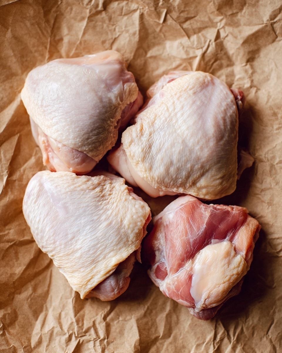The image shows four raw chicken pieces placed on a crumpled brown paper surface. Three of the pieces display a pale pinkish-white skin with a slightly wrinkled texture that covers smooth, rounded shapes. Two pieces have exposed flesh at the bottom right, showing a mix of pink and reddish tones with some visible fat and connective tissue. The background is simple, focusing on the natural, uncooked look of the chicken thighs. photo taken with an iphone --ar 4:5 --v 7