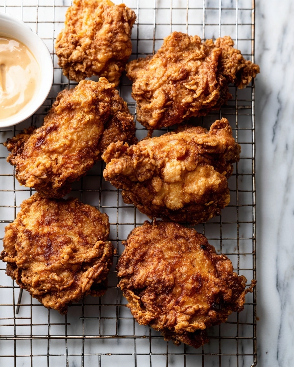 The image shows five pieces of golden brown fried chicken with a rough, crispy texture resting on a metal cooling rack placed on a white marbled surface. In the top left corner, there is a small white bowl filled with light beige creamy sauce with a slightly textured surface. The fried chicken pieces have uneven and crunchy edges, showing a mix of darker and lighter brown shades, giving them a well-fried look. The metal rack adds a cage-like pattern below the chicken, enhancing the contrast with the white marbled background. photo taken with an iphone --ar 4:5 --v 7