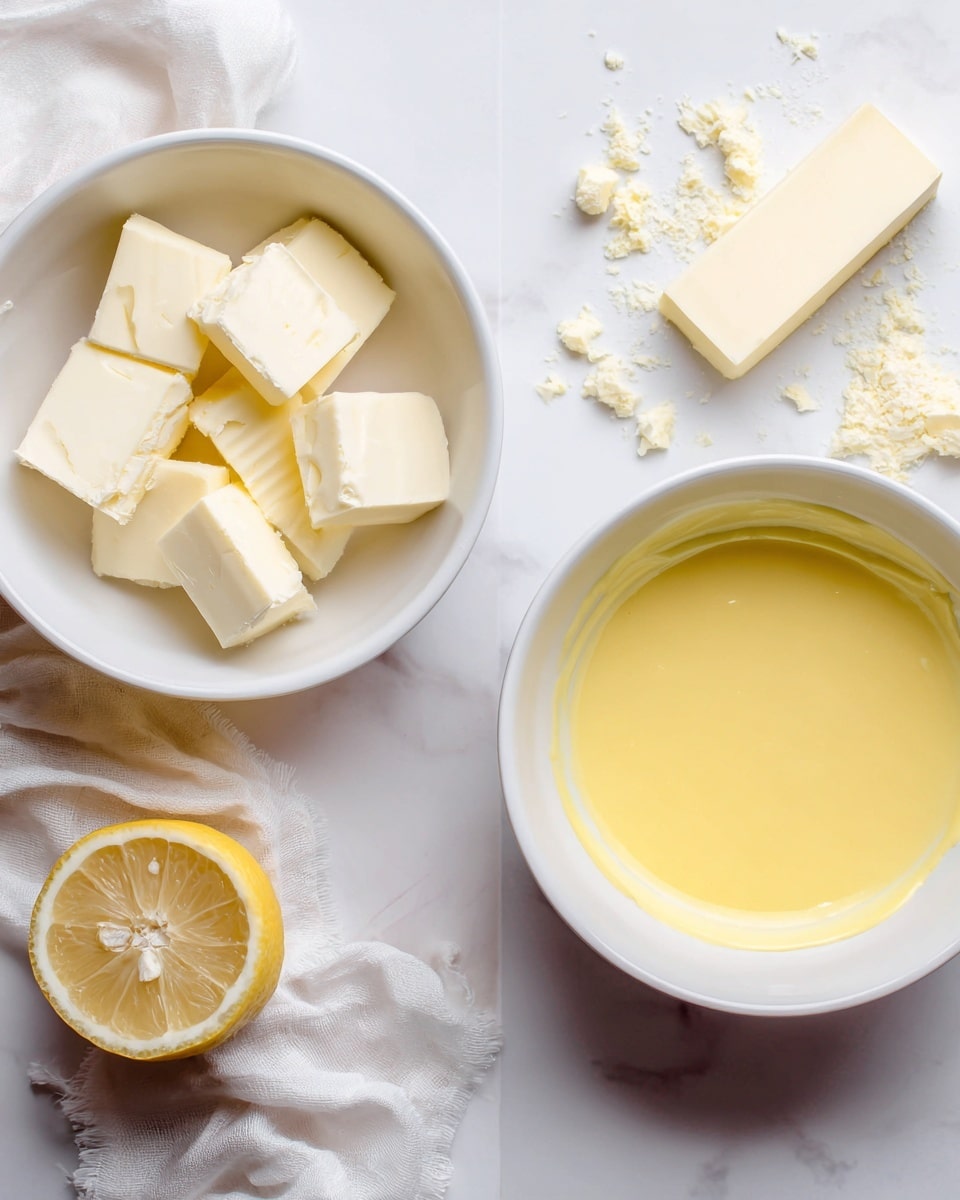 Two white bowls sit side by side on a white marbled surface. The left bowl holds solid blocks and pieces of pale white chocolate and a stick of light yellow butter with crumbs scattered nearby. The right bowl contains a smooth, shiny, melted mixture of the same ingredients, glowing with a warm yellow color. A lemon half with visible seeds and pulp rests on the bottom left edge of the image, and a piece of loose white fabric is placed near the bowls. photo taken with an iphone --ar 4:5 --v 7