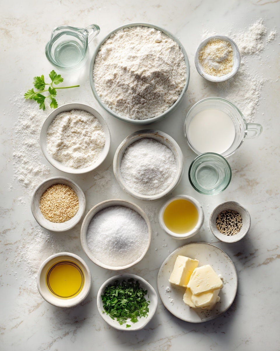 Top-down professional food photography, flat lay style, bright white marble countertop, neatly arranged, evenly spaced, tidy, clean organized layout, include: large bowl of all-purpose flour, small bowl of salt, small bowl of sugar, small bowl of instant yeast, glass measuring cup of warm milk, glass measuring cup of warm water, small glass cup of olive oil, small plate with melted butter, small bowl of minced garlic, small bowl of sesame seeds, small bowl of chopped fresh parsley, bright soft natural lighting, sharp focus, high detail textures, realistic reflections, professional DSLR look, 4K, no finished dish, no cooked food, no hands, no text, no watermark, no brand logos --ar 4:5 --v 7