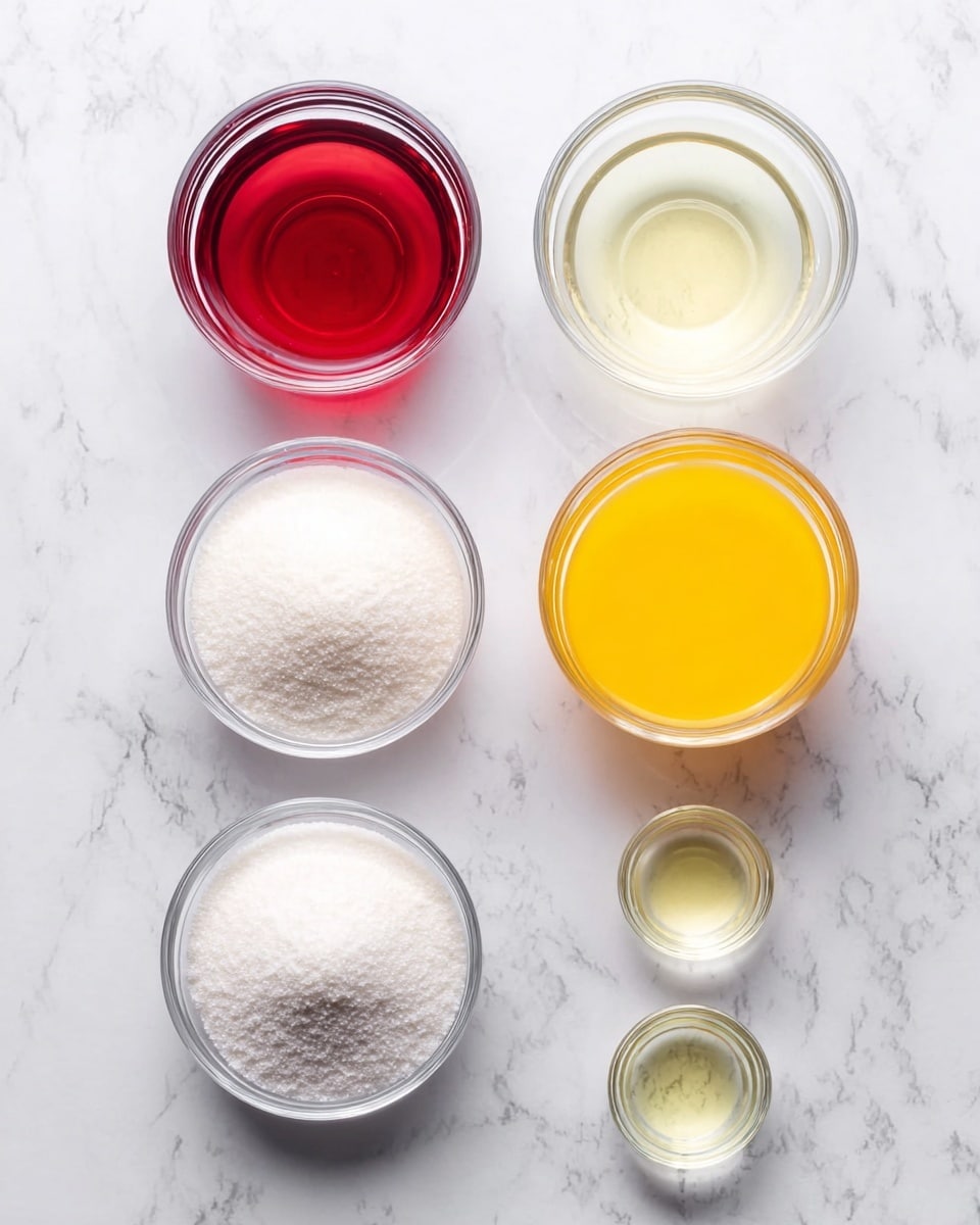 Two rows of clear small glass bowls and glasses are placed on a white marbled surface. The top row holds two glasses, the left one filled with a deep red liquid and the right one with a bright yellow liquid, both smooth and glossy. Below them, two bowls contain fine white granulated sugar, filling most of the bowls evenly. Underneath, two smaller bowls hold white powders; the left powder is smooth and fine, while the right looks slightly more textured. At the bottom, two tiny bowls have clear liquids with a slightly yellowish tint. The arrangement is neat and symmetrical, with a clean and bright look. photo taken with an iphone --ar 4:5 --v 7