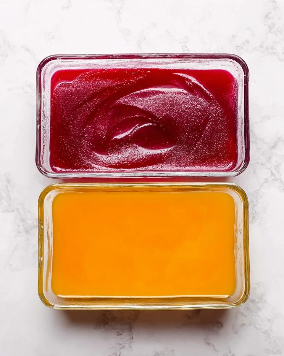 The image shows two rectangular glass dishes placed on a white marbled surface. The top dish holds a smooth, shiny, deep red layer with a slightly textured swirl in the center. The bottom dish contains a similar smooth layer with a bright orange color that looks glossy and even. Both layers fill the dishes evenly, showing clear edges. photo taken with an iphone --ar 4:5 --v 7