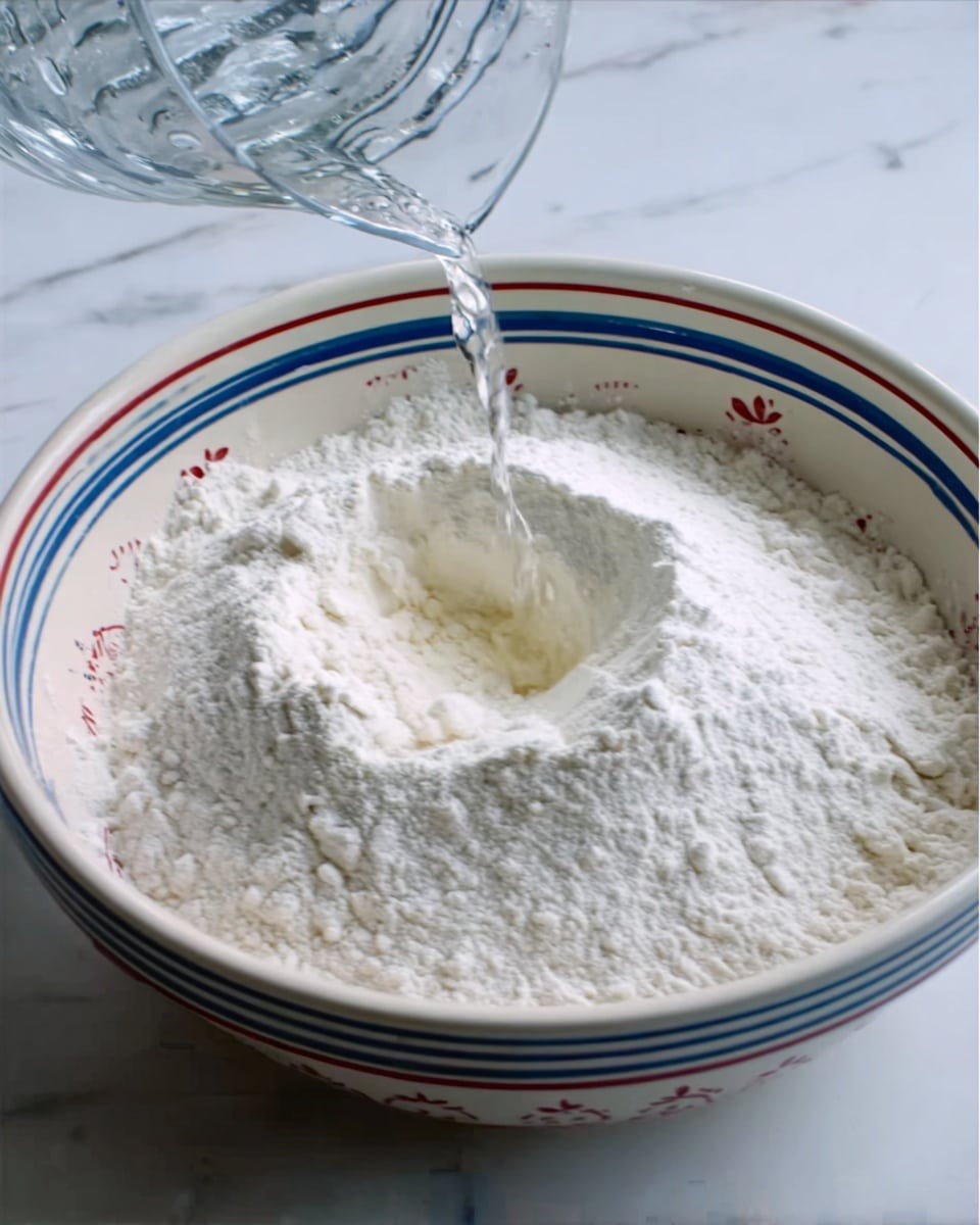 A white bowl with blue and red line details on the outside is filled with a large mound of white flour. Clear water is being poured into the center of the flour, creating a small wet area in the middle. The bowl is placed on a white marbled surface with red patterns partially visible underneath photo taken with an iphone --ar 4:5 --v 7