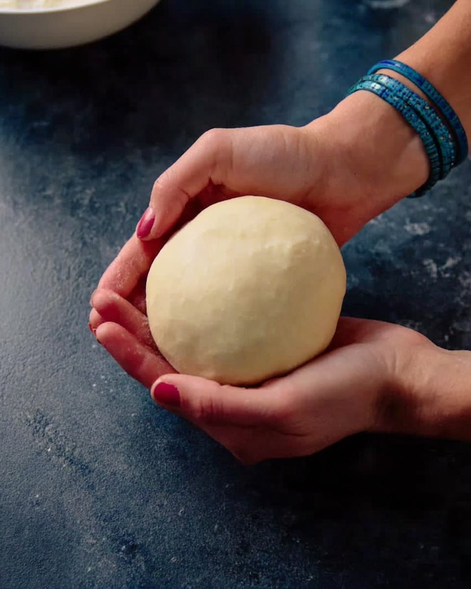 A pair of woman's hands gently hold a smooth, round ball of pale dough over a dark textured surface, with one hand wearing a blue bracelet. The dough appears soft and well-kneaded, shaped into a perfect dome. The background includes a glimpse of a white bowl at the top edge. photo taken with an iphone --ar 4:5 --v 7