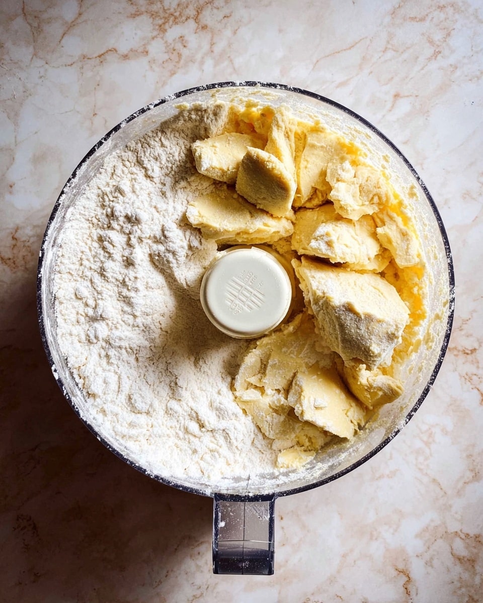 A food processor bowl filled with white flour covering half the bowl and large yellowish dough pieces layered on top, showing a rough and powdery texture; the transparent bowl is centered on a white marbled surface, viewed from above. Photo taken with an iphone --ar 4:5 --v 7