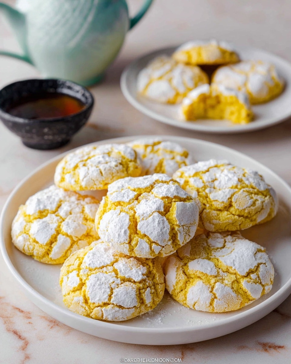 A white plate holds seven yellow cookies with cracked surfaces covered unevenly with white powdered sugar, creating a rough, textured look. The cookies are arranged in a loose circle, showing soft, crumbly texture inside some cracks. In the background, a white teapot stands on a white marbled surface along with a white plate holding two more cookies, one partially eaten, and a small black bowl adding contrast. The overall image is bright and inviting, focused on the cookies with a slightly blurred background. photo taken with an iphone --ar 4:5 --v 7