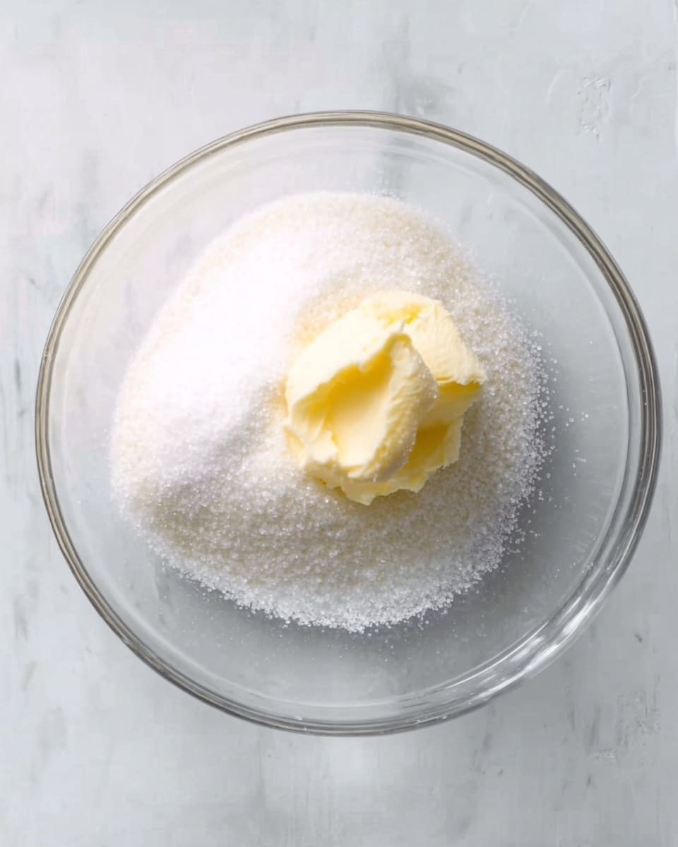 A clear glass bowl on a white marbled surface holds a pile of white granulated sugar covering most of the bowl's base. On top of the sugar, on the left side, is a dollop of pale yellow butter with a soft texture. The bright lighting highlights the contrast between the white sugar crystals and the creamy butter, making the ingredients look fresh and ready for mixing. photo taken with an iphone --ar 4:5 --v 7