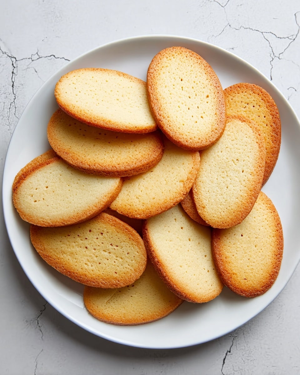 A white plate filled with about a dozen oval-shaped golden brown cookies stacked loosely with some overlapping each other; each cookie has a light beige center with small air holes and slightly darker, golden edges that are smooth and rounded; the plate sits on a white marbled surface with subtle gray veins and cracks visible; the cookies show a soft and even texture with a thin crust around the edge photo taken with an iphone --ar 4:5 --v 7