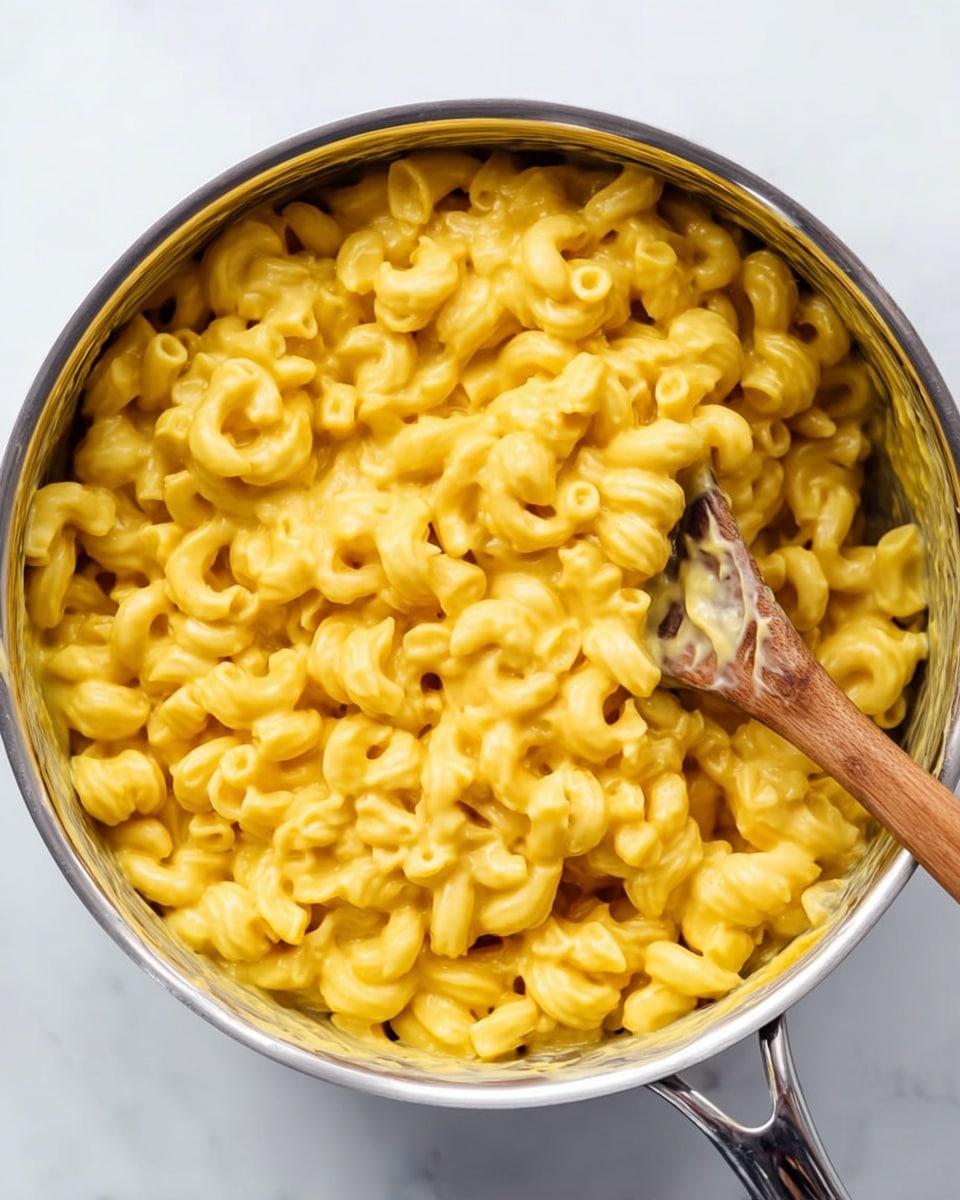 A top-down view of a silver pot filled with creamy macaroni and cheese, featuring swirl-shaped pasta coated in a smooth, bright yellow cheese sauce. The pasta fills the pot evenly, with the sauce giving a rich, shiny texture. A wooden spoon sits inside the pot on the right side, partially covered in the cheese mixture. The pot rests on a white marbled surface, creating a clean and fresh background. photo taken with an iphone --ar 4:5 --v 7