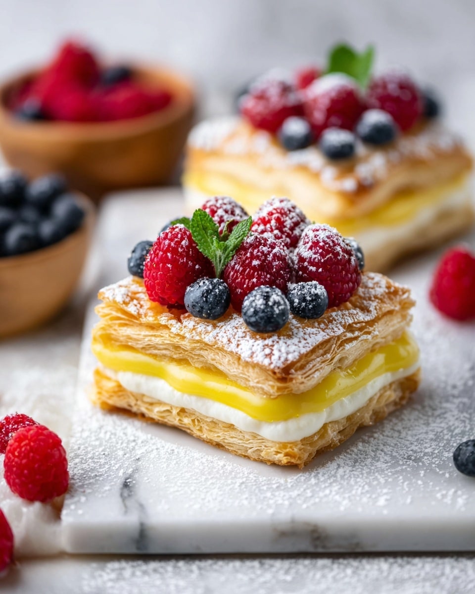 The image shows two square pastries with three visible layers of light golden brown, flaky dough at the base. On top of this is a white creamy layer, followed by a smooth bright yellow custard layer. The pastries are decorated with fresh raspberries and blueberries, some raspberries showing a dusting of powdered sugar, along with small green leaves for garnish. The pastries sit on a white marbled textured surface with some powdered sugar scattered around. In the background, there are blurred bowls of berries and parts of more pastries. photo taken with an iphone --ar 4:5 --v 7