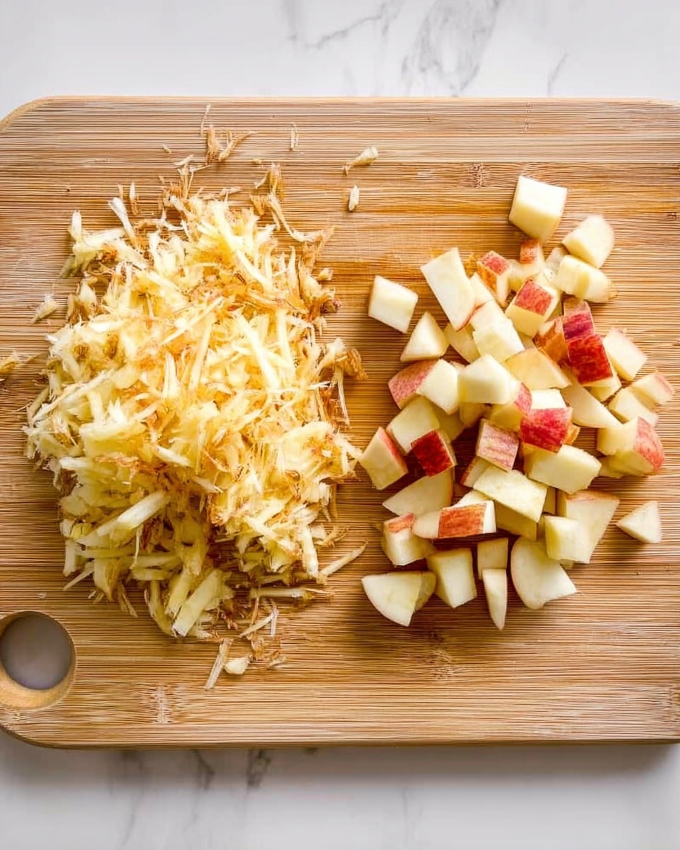 The image shows a wooden cutting board with two piles of fruit, one on the left and one on the right. On the left side, there is a heap of shredded fruit that is light yellow and slightly brown on the edges. On the right side, there are small cubes of fruit with red and light yellow skin still on them, showing a mix of cream and red colors inside. The cutting board has a handle on the right side and is placed on a white marbled surface. photo taken with an iphone --ar 4:5 --v 7