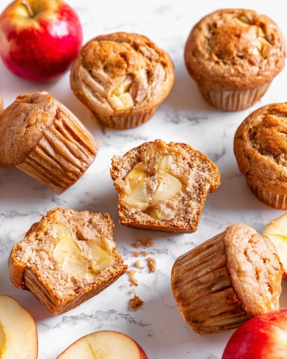 The image shows several light brown muffins with a slightly rough texture, scattered on a white marbled surface. One muffin is split in half, revealing a soft, moist interior with visible chunks of light yellow apple pieces inside. The muffins have a slightly domed top and smooth vertical ridges on the sides from the paper liners. There are a few whole red apples with a shiny skin placed among the muffins. The background is bright and clean, highlighting the rustic look of the baked goods. photo taken with an iphone --ar 4:5 --v 7