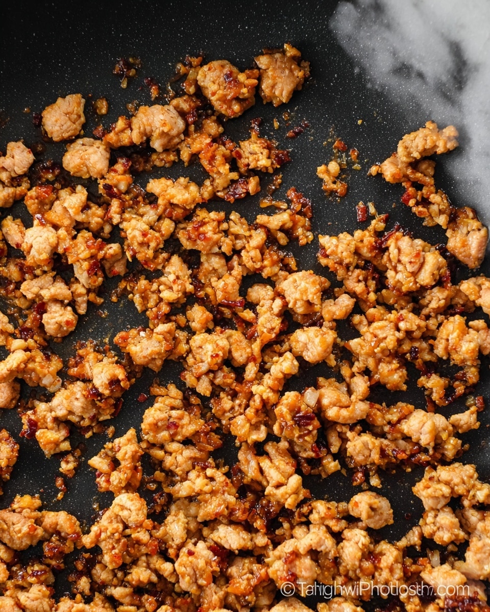 This image shows a cooking pan filled with several small pieces of cooked ground meat. The meat pieces are a mix of golden brown and darker brown colors, showing they are cooked well with some crispy parts. The texture looks slightly chunky and uneven, with some pieces having a glossy, oily surface. There are no other visible ingredients, just the meat spread out on the black pan. The background is a white marbled texture. photo taken with an iphone --ar 4:5 --v 7