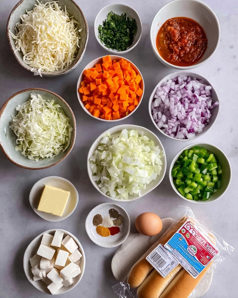 The image shows various small white bowls arranged on a white marbled surface, each containing different cooking ingredients. There is a bowl with shredded white cheese, another with finely chopped cabbage, a bowl with diced orange carrots, one with chopped green bell peppers, and another with chopped red onions. One bowl has some chopped green herbs, a small white bowl holds a pat of butter, and a white bowl contains a red sauce or paste. A white plate in the corner has small cubes of white cheese or tofu. There is also a white plate with several dry spices placed in neat sections, and an uncracked egg next to it. A plastic pack of hot dog buns is centered among the bowls. The overall look is clean and organized, with ingredients ready for cooking. Photo taken with an iphone --ar 4:5 --v 7