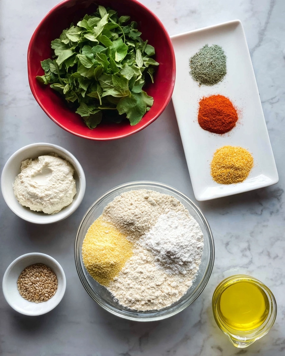 The image shows a clear glass bowl with five different types of dry powders arranged in separate sections, mostly white and light yellow colors with a grainy texture. Above it, a red bowl filled with fresh green leaves is placed, next to a white square plate holding five small piles of powdered spices in red, orange, yellow, and green shades along with white. To the left of the glass bowl, there is a small white bowl with a creamy white paste and a white bowl with brown seeds. On the right side, a small clear container with yellow oil is positioned. All items are on a white marbled surface. Photo taken with an iphone --ar 4:5 --v 7