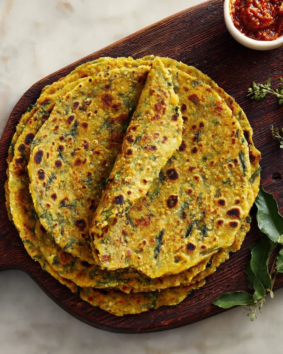 A stack of four round flatbreads with a slightly rough texture and a mix of green and yellow colors, showing small dark spots from cooking, with the top one partially folded in half. They rest on a dark wooden board placed on a white marbled surface. A small white bowl with a red chutney or sauce is in the top right corner, and a small green leaf is near the bottom right of the board. Photo taken with an iphone --ar 4:5 --v 7