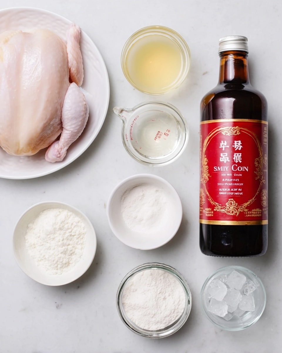 Raw whole chicken meat is placed on a white plate on the upper left. Next to it is a small white bowl with a light yellow liquid and a measuring cup with a clear liquid. Below them are three small white bowls and a glass jar, two bowls contain white powders, one with a crystal texture and the other fine powder, while the jar is filled with a white powder. To the right is a tall brown bottle with a red label featuring gold and white text. All items are set on a white marbled texture. Photo taken with an iphone --ar 4:5 --v 7