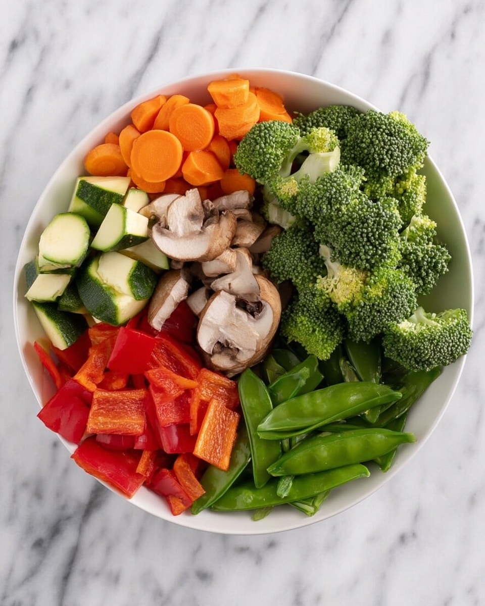 A white bowl filled with fresh vegetables is placed on a white marbled surface. The bowl has five groups of vegetables arranged in separate sections: bright green broccoli florets at the top right, orange carrot slices on the left, light brown mushroom quarters in the center, green zucchini pieces below the mushrooms, and red bell pepper pieces at the bottom. On the right side of the bowl, next to the broccoli, there is a cluster of green snap peas. The colors are vibrant and the vegetables look fresh and crisp. Photo taken with an iphone --ar 4:5 --v 7