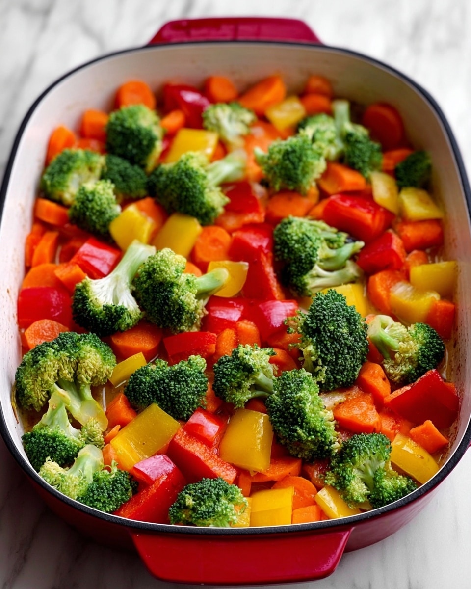 A white pan with a red outer rim is filled with fresh, colorful vegetables. The bottom layer shows a slight brown texture from cooking. On top are bright green broccoli florets, vibrant orange carrot slices, red bell pepper chunks, and yellow bell pepper pieces, all spread evenly across the pan. The vegetables are fresh and crisp, contrasting nicely with the cooked bottom and the pan's white interior. The background surface is a white marbled texture. photo taken with an iphone --ar 4:5 --v 7