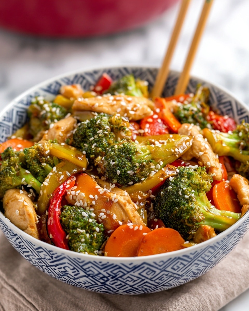 A close-up view of a white bowl with a blue geometric pattern filled with a colorful stir-fry. The dish has three main layers: bright green broccoli florets, orange carrot slices, and pieces of light brown cooked chicken. There are also pieces of yellow and red bell peppers mixed in, all coated with a glossy sauce and sprinkled with white sesame seeds. Two light-colored chopsticks stand vertically in the bowl. The bowl sits on a piece of light brown cloth over a white marbled surface with a blurred background showing a reddish pan. photo taken with an iphone --ar 4:5 --v 7
