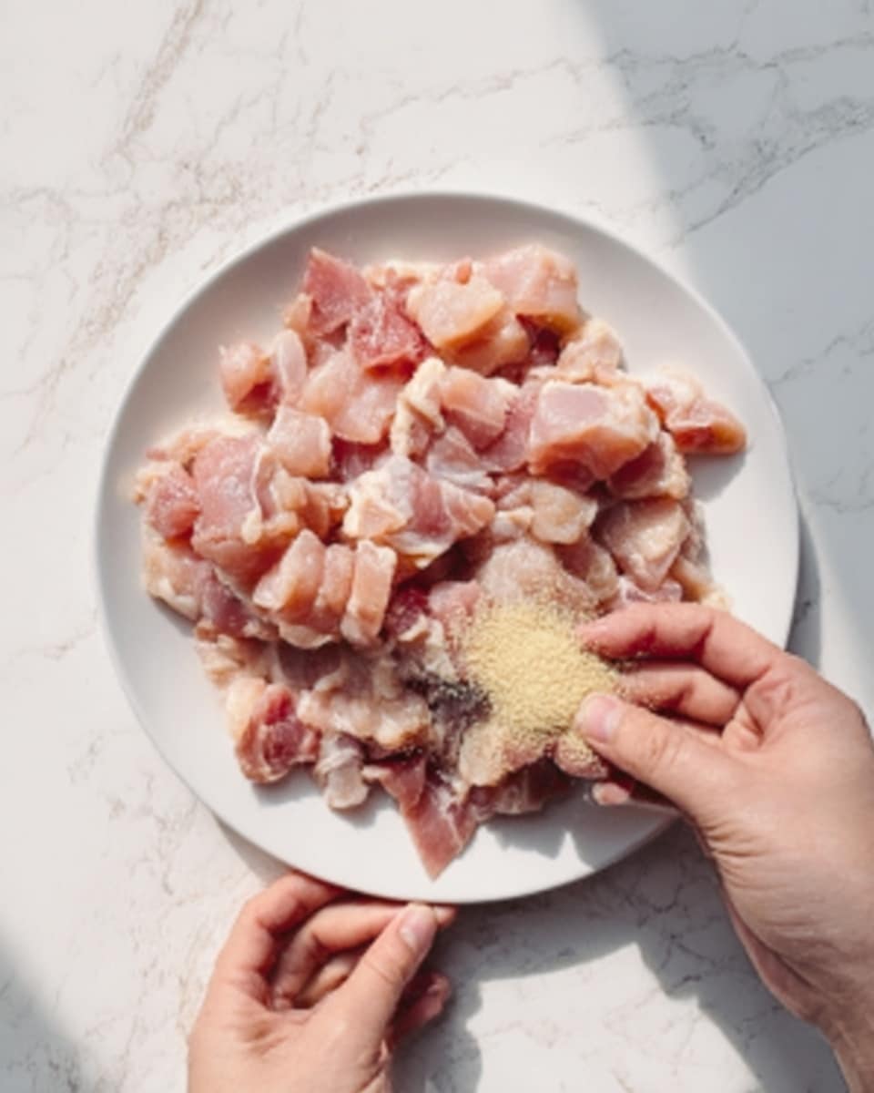 A white round plate sits on a white marbled surface, filled with many small pieces of raw pink chicken meat, with some light fat parts visible. A woman's left hand holds the plate gently, while a woman's right hand is close to the plate, holding a small amount of pale yellow powdery spice. The lighting is bright and natural, showing the soft texture of the chicken and the powder in clear detail. photo taken with an iphone --ar 4:5 --v 7