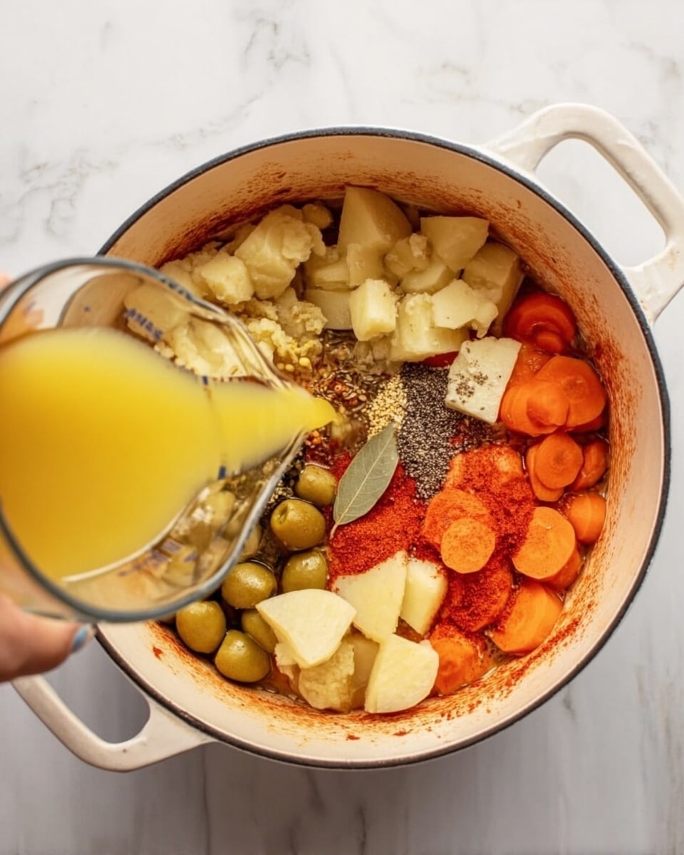A white round pot with white handles is shown from above on a white marbled surface. Inside the pot, there are several layers of ingredients arranged separately: pale beige chunks of a root vegetable in the top right section, bright orange round slices of carrot in the bottom right, green olives to the left of the root vegetable, and a mix of spices including a whole bay leaf, black and white seeds, and red powder spread around the center. A woman's hand is pouring pale yellow liquid from a clear glass measuring cup into the pot. The pot's inside shows some smears of red sauce near the bottom. photo taken with an iphone --ar 4:5 --v 7