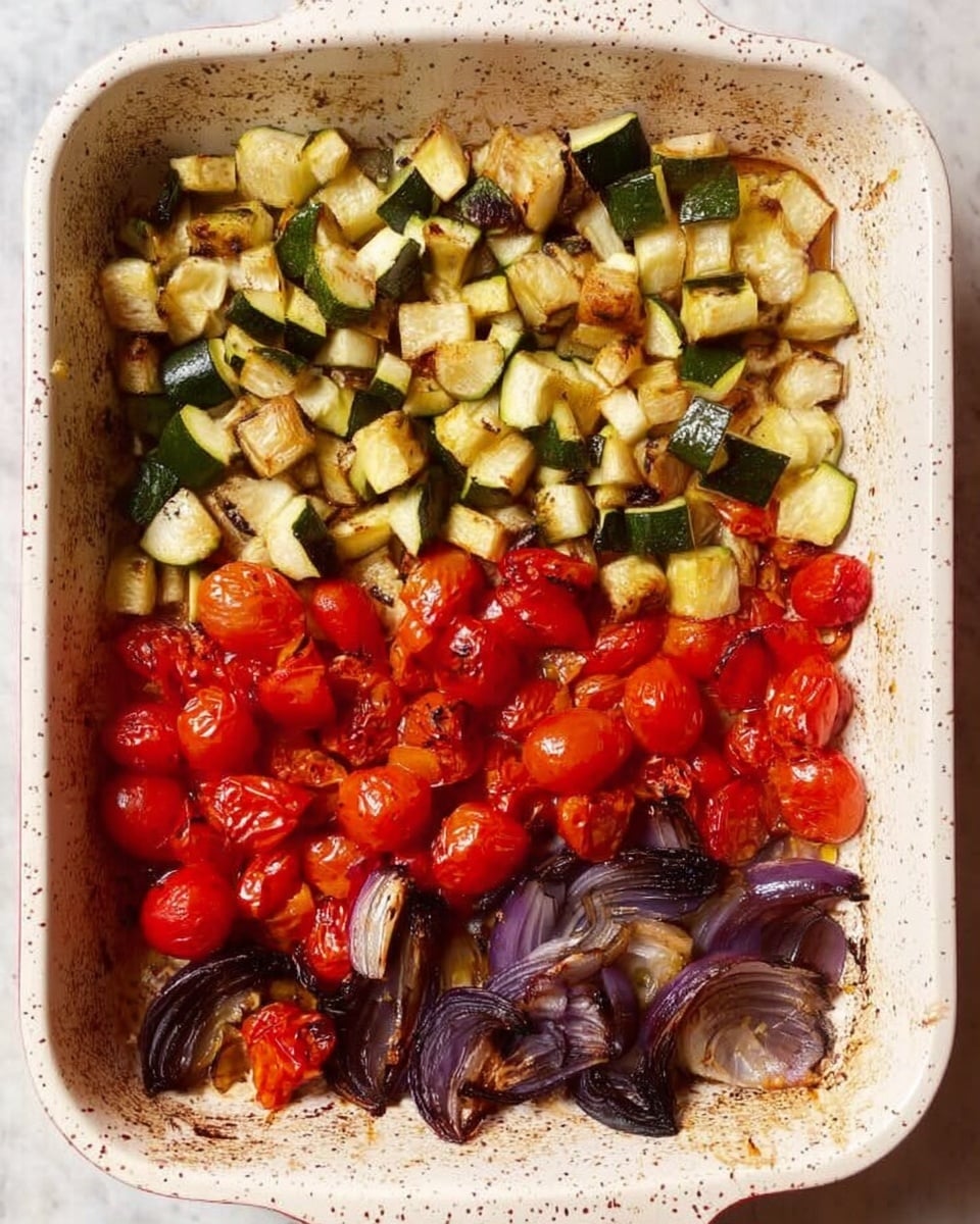 A white rectangular baking dish with a speckled pattern holds a cooked vegetable dish divided into two halves. The top half contains small, light green and dark green pieces of zucchini mixed with beige cubes of eggplant, showing some browned spots from roasting. The bottom half is filled with bright red roasted cherry tomatoes and thin slices of dark purple-red onion, both looking slightly wrinkled and caramelized. The white marbled surface beneath complements the colors of the roasted vegetables. Photo taken with an iphone --ar 4:5 --v 7