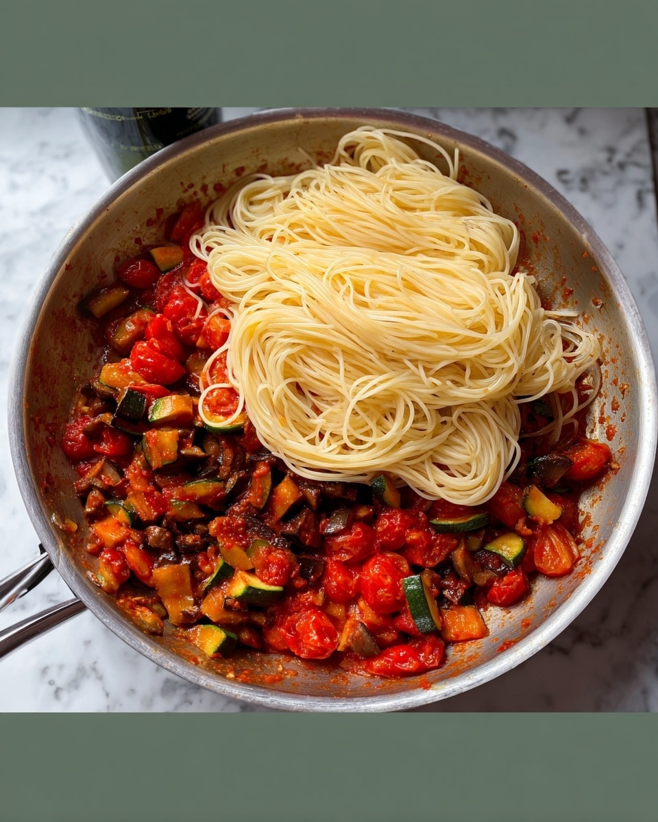 In a shiny silver pan, there is one main layer of cooked vegetables at the bottom, showing bright red cherry tomatoes, dark green zucchini, and small chunks of browned eggplant all mixed together with a rich tomato sauce. On top of this vegetable layer, there is a neat pile of plain, pale beige spaghetti noodles, arranged loosely in a soft mound. The pan is set on a white marbled surface with a bottle visible blurred in the background. The overall colors are warm and inviting with shiny and fresh textures. photo taken with an iphone --ar 4:5 --v 7