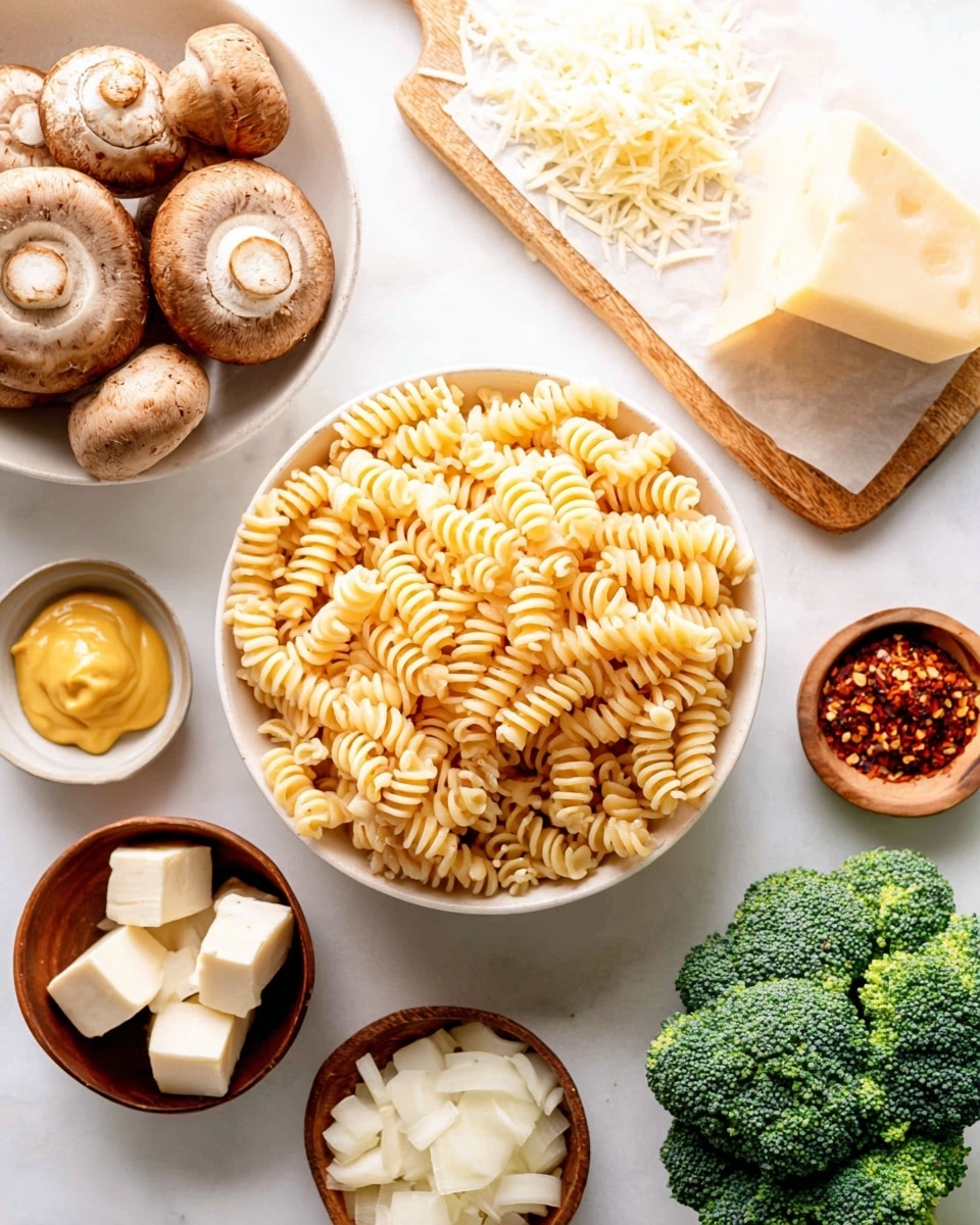 A white bowl in the center filled with light yellow curly pasta spirals, surrounded by various ingredients on a white marbled surface. To the left, a white bowl holds whole, light brown mushrooms, above that a beige cutting board has white sliced onions and pieces of pale yellow cheese. At the bottom left, a small brown bowl contains two cubes of butter. To the right, a wooden spoon holds bright yellow mustard, next to a small brown bowl filled with red chili flakes. At the bottom right, a fresh bright green broccoli floret sits near the edge of the frame. Photo taken with an iphone --ar 4:5 --v 7