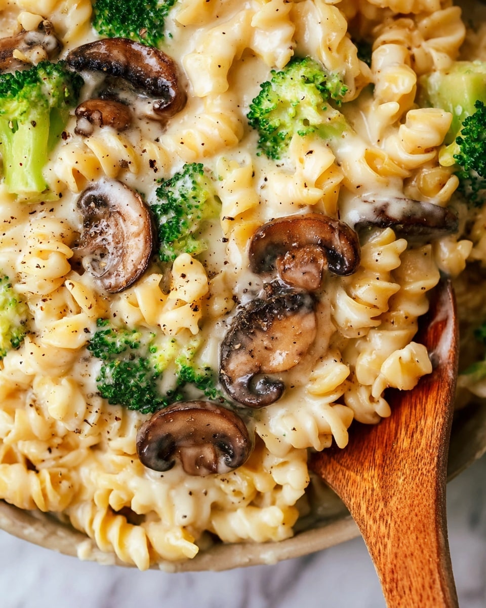 A close-up of creamy pasta with three main layers: curly, pale yellow pasta forming the base; scattered bright green broccoli florets adding color contrast in the middle; and dark browned mushroom slices placed evenly on top. The dish is coated in a smooth, white cheese sauce with a lightly speckled texture of black pepper across the surface. A wooden spoon rests on the right side, partially mixed into the pasta. The background shows a white marbled texture. photo taken with an iphone --ar 4:5 --v 7