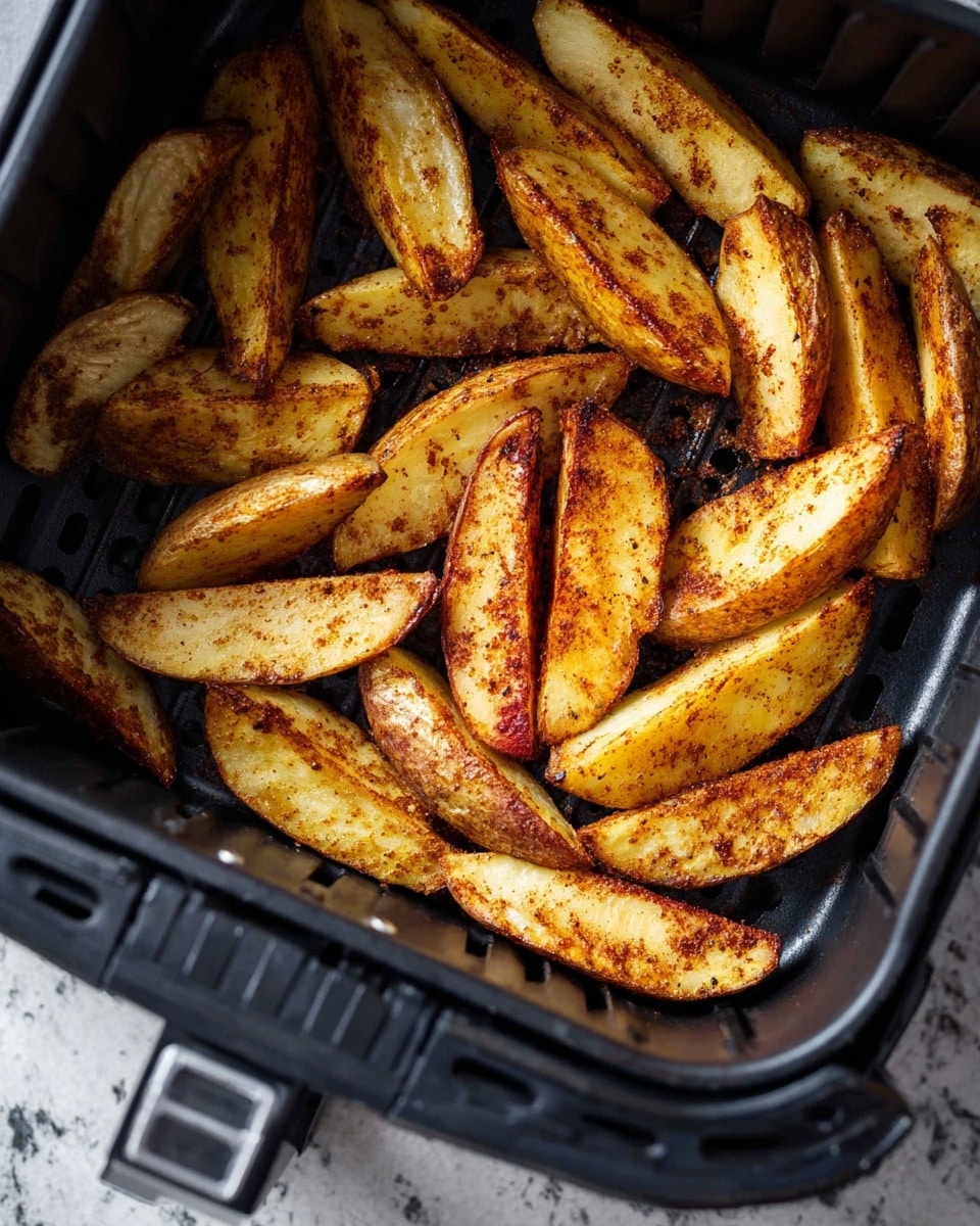 Thick potato wedges with brown seasoning all over them are arranged closely inside a black air fryer basket. The potato wedges show a mix of golden yellow flesh and reddish skin, and the seasoning creates a slightly crispy texture on the edges. The air fryer basket has holes to let air pass through and has a shiny black handle at the bottom left. The surface under the basket is a white marbled texture. photo taken with an iphone --ar 4:5 --v 7