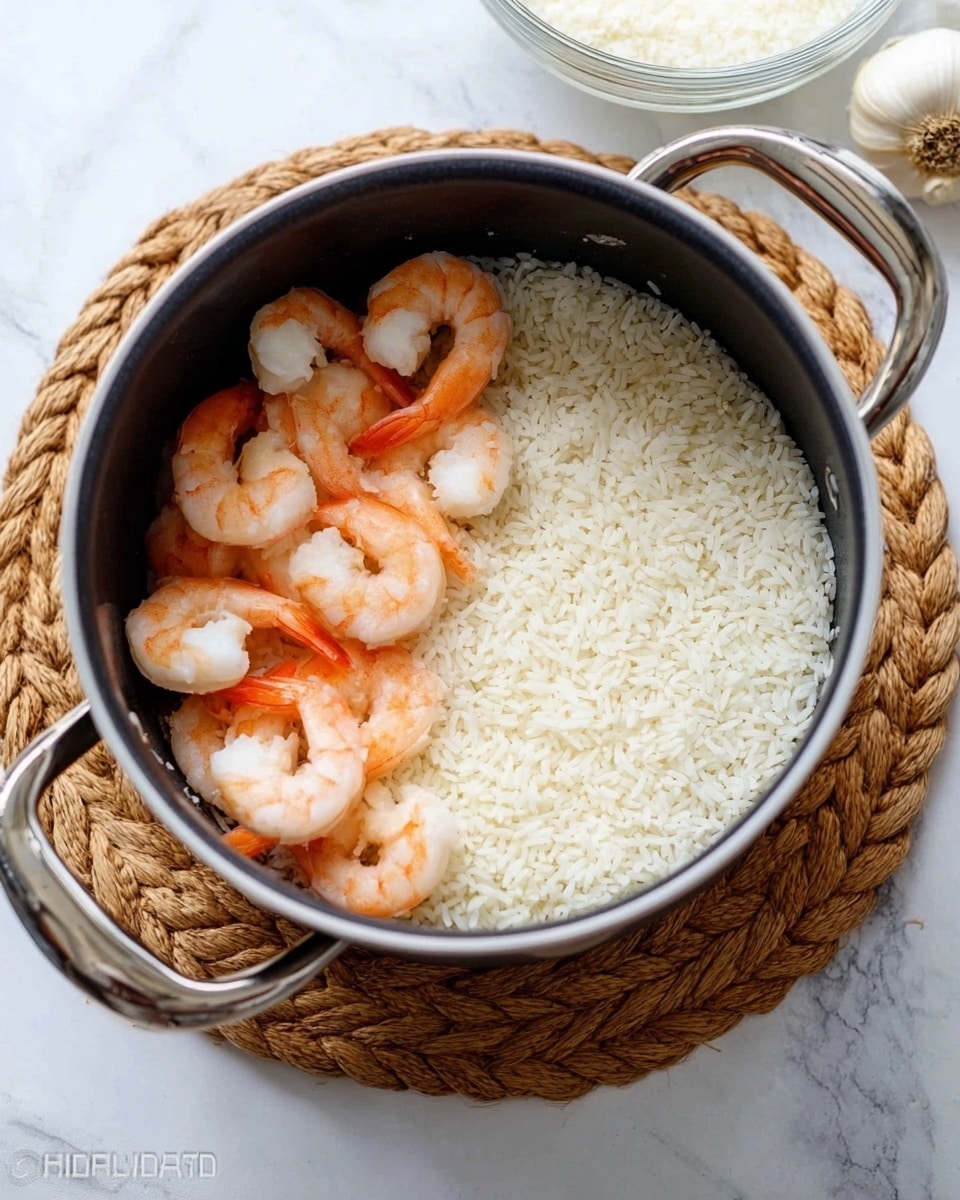 Inside a black and silver pot with two side handles, there is a layer of white uncooked rice covering the right half of the pot. The left half is filled with several pinkish-orange cooked shrimp sitting on top of the rice, showing their curved shapes and white interiors. The pot is placed on a round woven mat, resting on a white marbled surface. Near the pot, there are a few garlic bulbs and a glass bowl with white contents slightly visible. photo taken with an iphone --ar 4:5 --v 7
